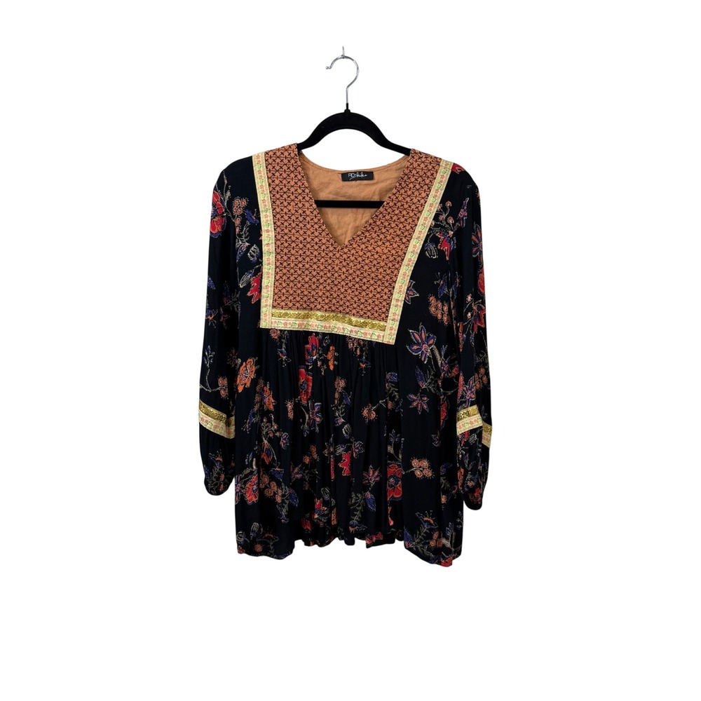 RD+Koko Black Floral Boho Tunic Top Peasant Cottagecore Festival Blouse Size